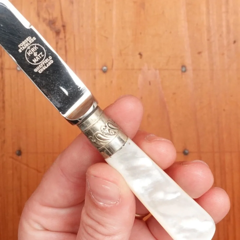 Kirk & Matz Sheffield mini fruit cheese knife sterling blade pearl handle